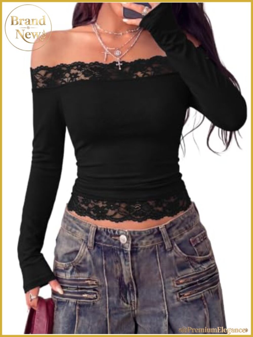 Off Shoulder Long Sleeve Lace Trim Cropped Ribbed Knit Going Out Top Y2K